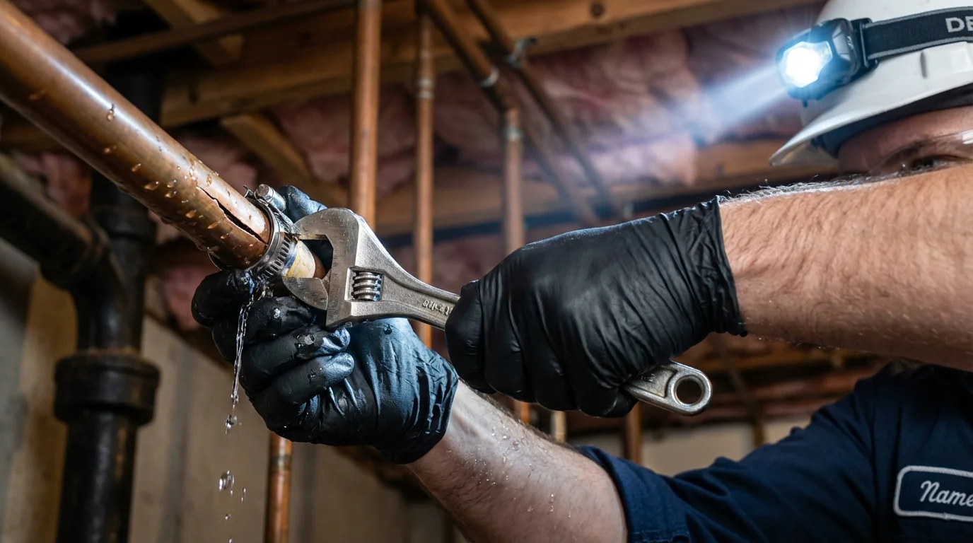 Emergency pipe clamp repair being performed by a Johns Plumbing LLC plumber in Toppenish