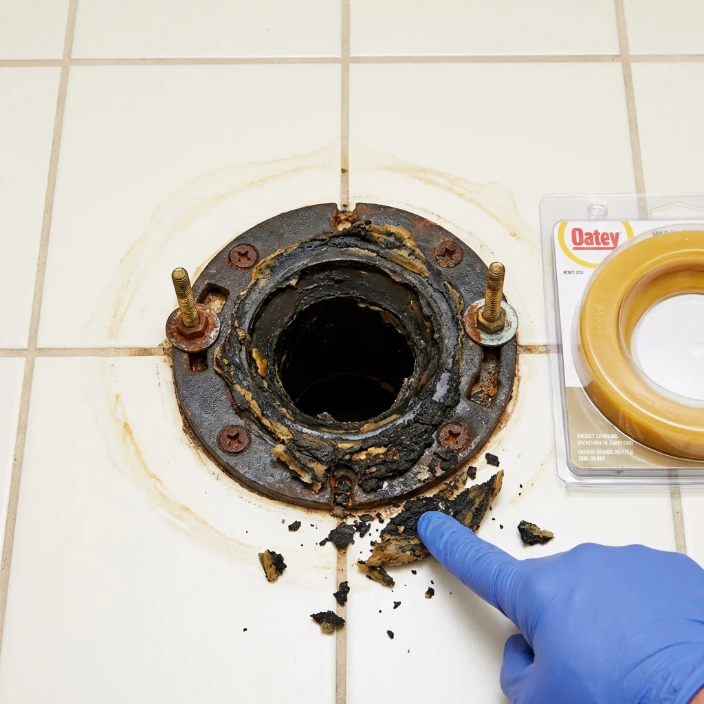Failed wax ring showing water seepage at the base of a toilet in a Toppenish, WA home