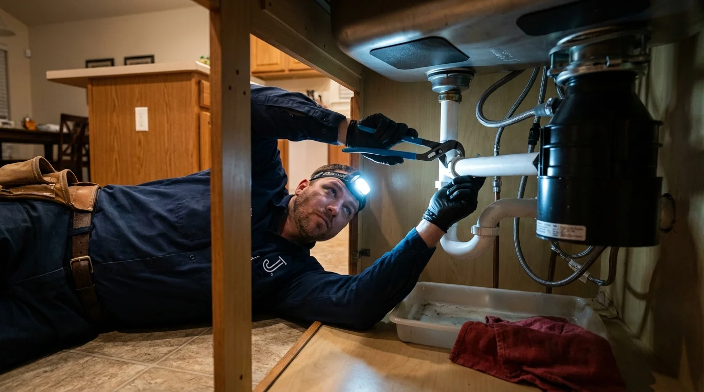 P-trap and supply line connections under a kitchen sink showing a common leak point in Toppenish, WA